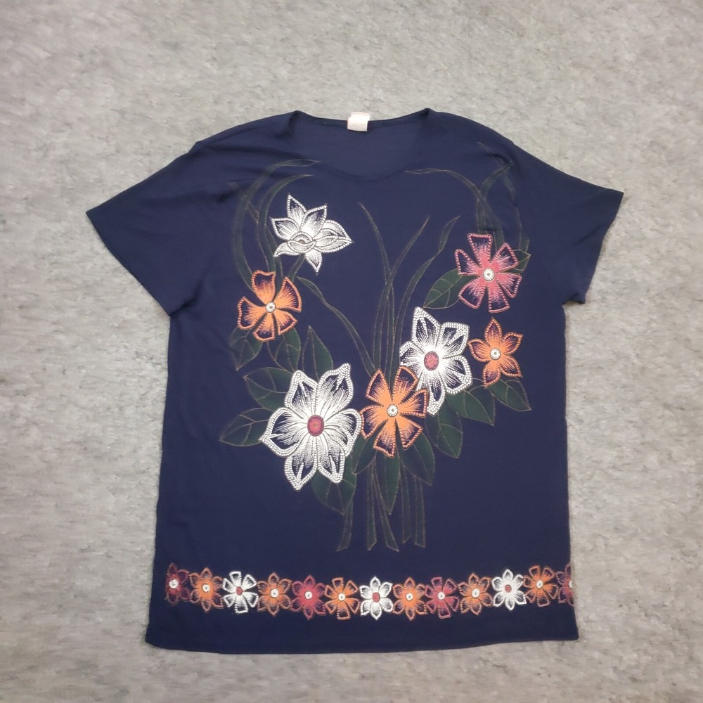 VINTAGE Orange USA Shirt Womens Large Short Sleeve Blue Flower Ladies 90s